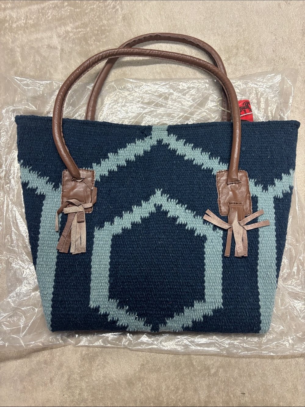 Geometric Navy Woven Tote with Brown Handles